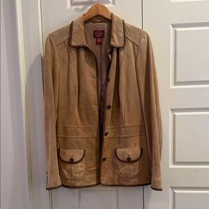 Women’s Tan Suede Jacket.  Genuine suede with leather trim